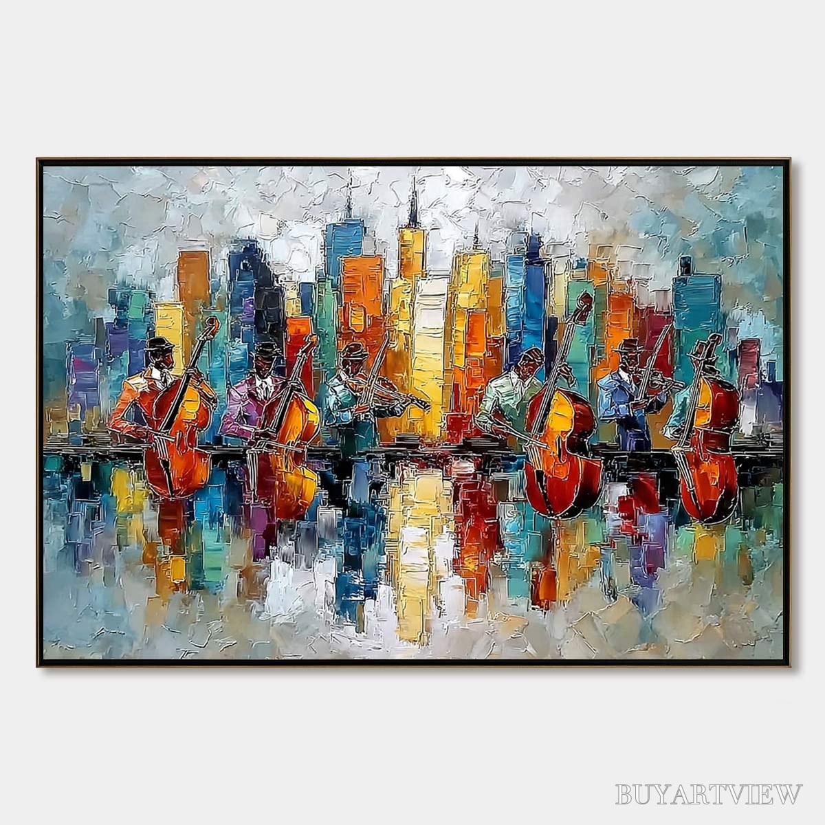 BUYARTVIEW Skyline Sonata – Textured Palette Knife Painting of Musicians and Cityscape - image 1