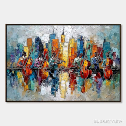 BUYARTVIEW Skyline Sonata – Textured Palette Knife Painting of Musicians and Cityscape - image 1