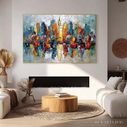 BUYARTVIEW Skyline Sonata – Textured Palette Knife Painting of Musicians and Cityscape - image 2