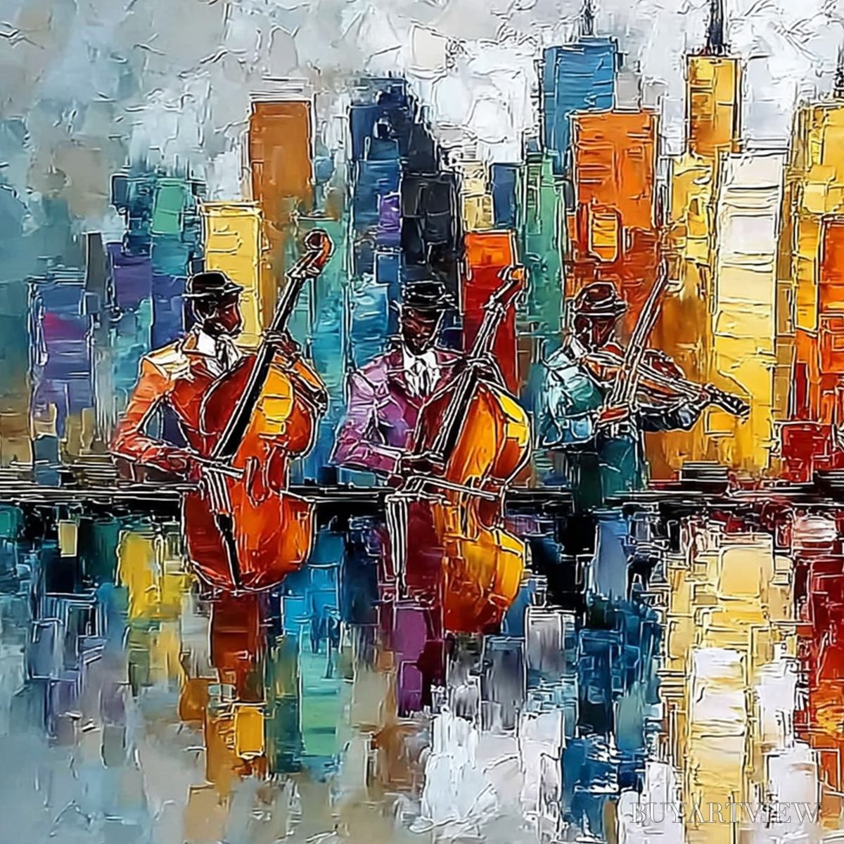 BUYARTVIEW Skyline Sonata – Textured Palette Knife Painting of Musicians and Cityscape - image 3