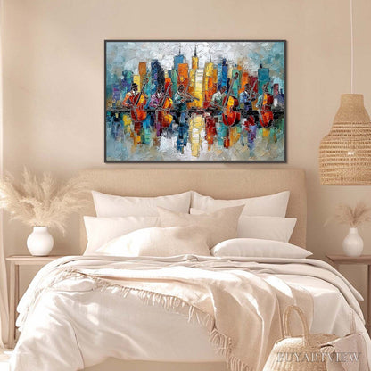 BUYARTVIEW Skyline Sonata – Textured Palette Knife Painting of Musicians and Cityscape - image 4
