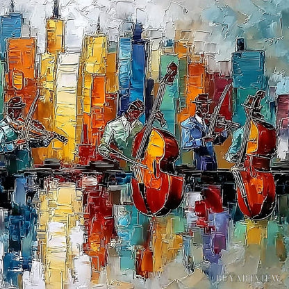 BUYARTVIEW Skyline Sonata – Textured Palette Knife Painting of Musicians and Cityscape - image 5