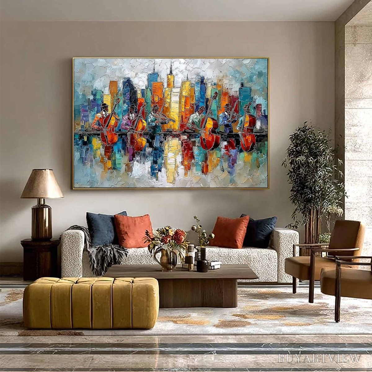 BUYARTVIEW Skyline Sonata – Textured Palette Knife Painting of Musicians and Cityscape - image 6
