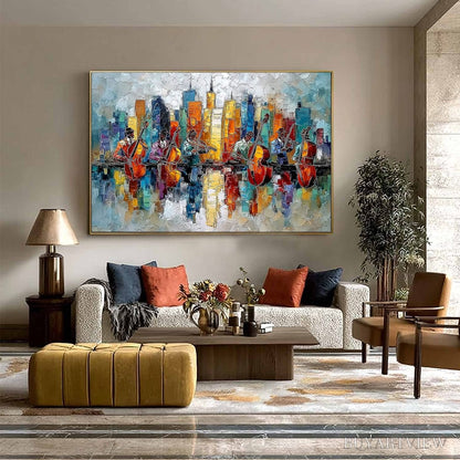 BUYARTVIEW Skyline Sonata – Textured Palette Knife Painting of Musicians and Cityscape - image 6