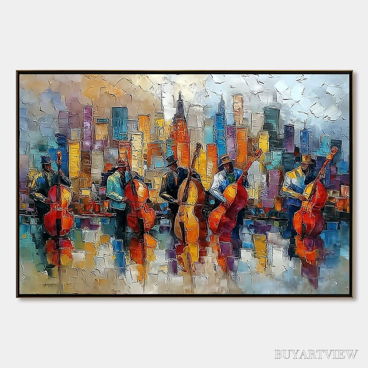 BUYARTVIEW Urban Serenade – Textured Palette Knife Cityscape Jazz Painting - image 1