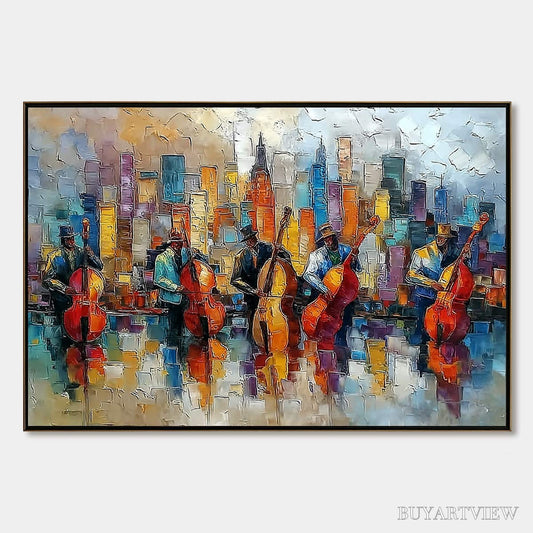 BUYARTVIEW Urban Serenade – Textured Palette Knife Cityscape Jazz Painting - image 1