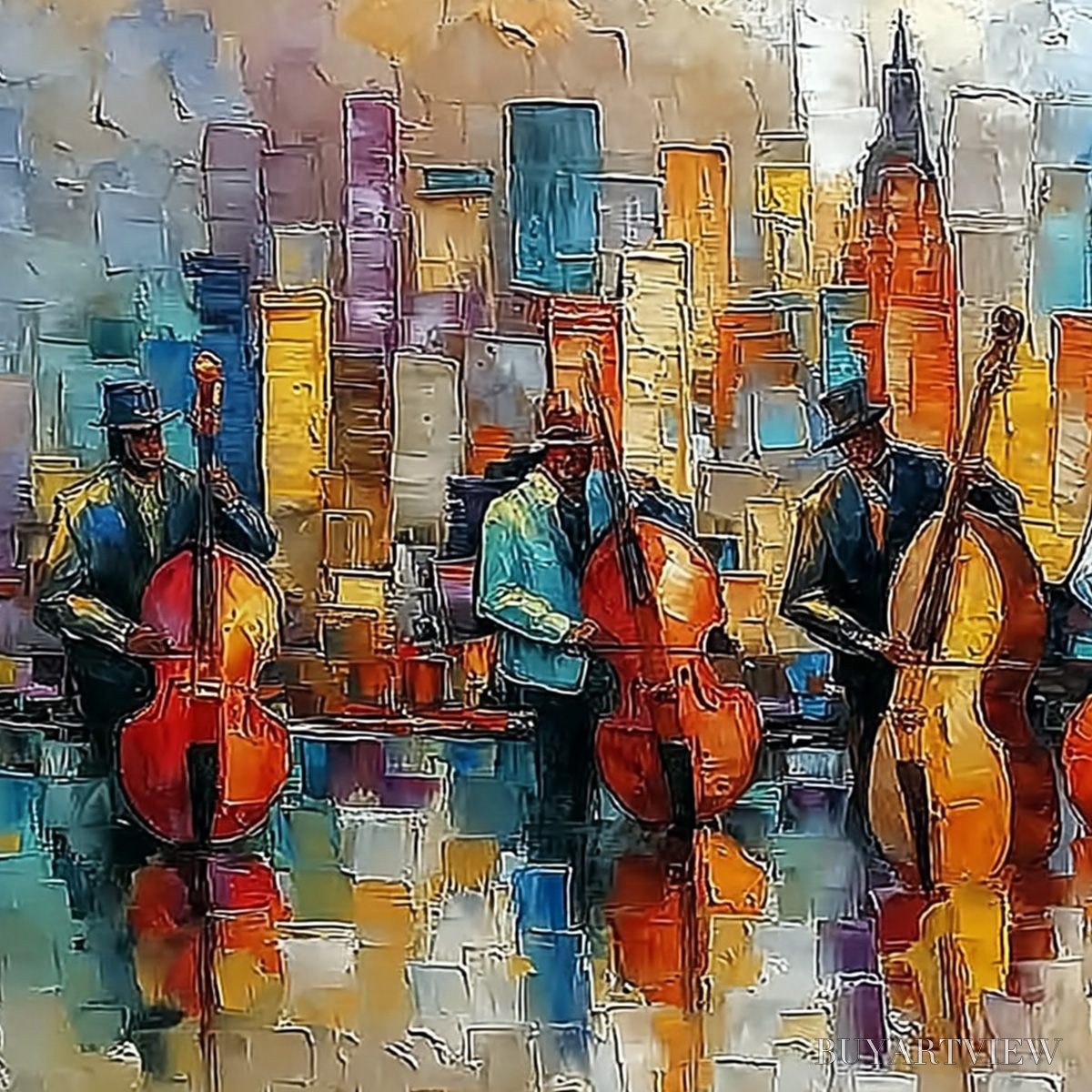 BUYARTVIEW Urban Serenade – Textured Palette Knife Cityscape Jazz Painting - image 3