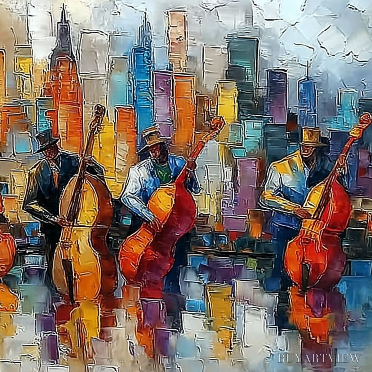 BUYARTVIEW Urban Serenade – Textured Palette Knife Cityscape Jazz Painting - image 5