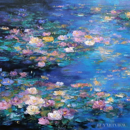BUYARTVIEW Serene Reflections – Impressionistic Textured Water Lily Pond Oil Painting - image 3