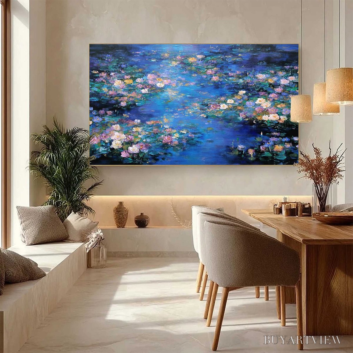 BUYARTVIEW Serene Reflections – Impressionistic Textured Water Lily Pond Oil Painting - image 4