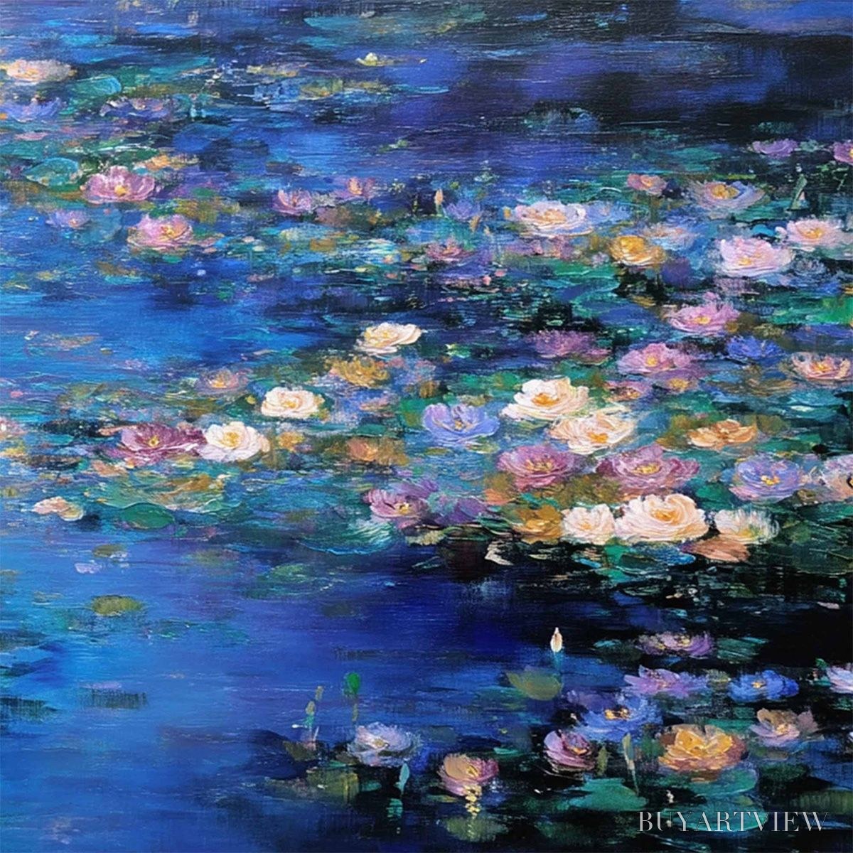 BUYARTVIEW Serene Reflections – Impressionistic Textured Water Lily Pond Oil Painting - image 5