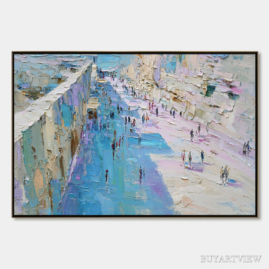 BUYARTVIEW Coastal Promenade – Textured Palette Knife Cityscape Painting of a Seaside Stroll - image 1