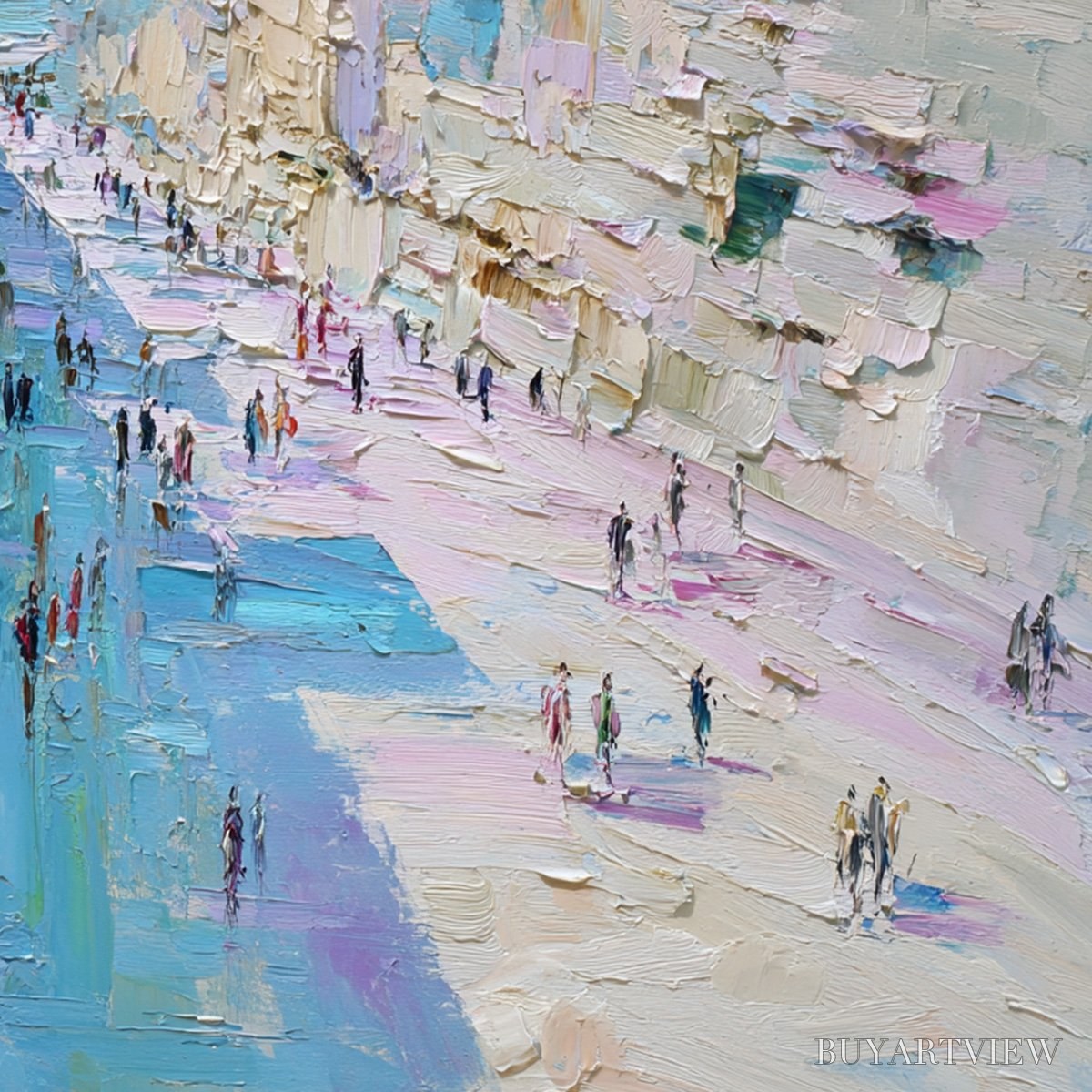 BUYARTVIEW Coastal Promenade – Textured Palette Knife Cityscape Painting of a Seaside Stroll - image 3