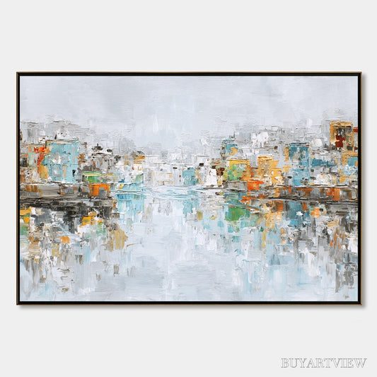 BUYARTVIEW Waterfront Vibrancy – Textured Abstract Cityscape Oil Painting on Canvas - image 1