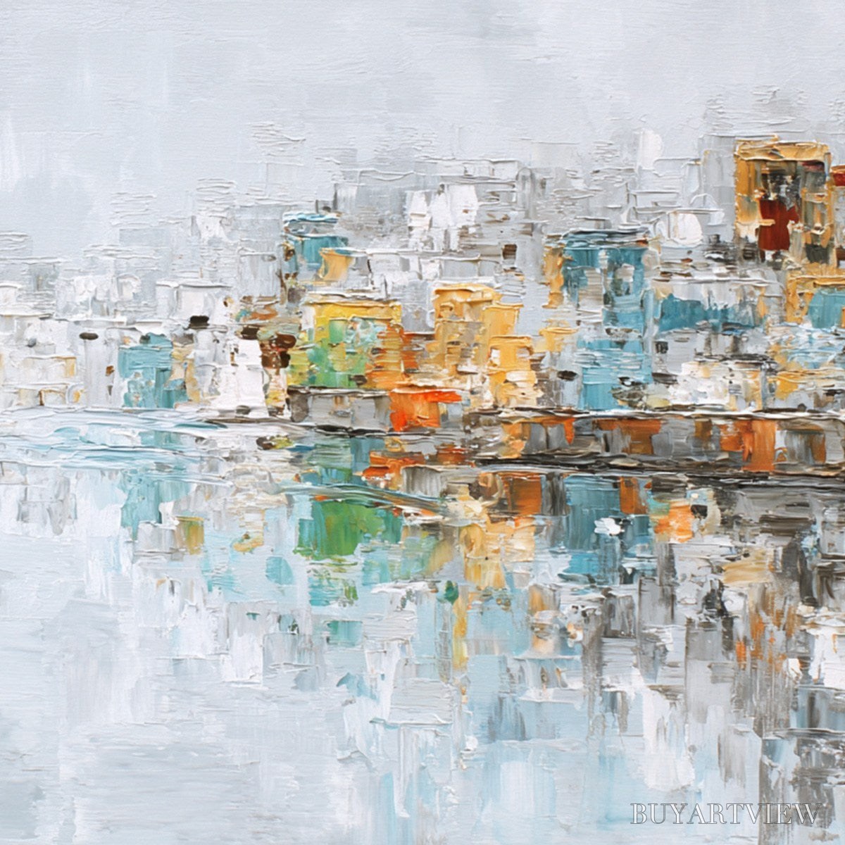 BUYARTVIEW Waterfront Vibrancy – Textured Abstract Cityscape Oil Painting on Canvas - image 3