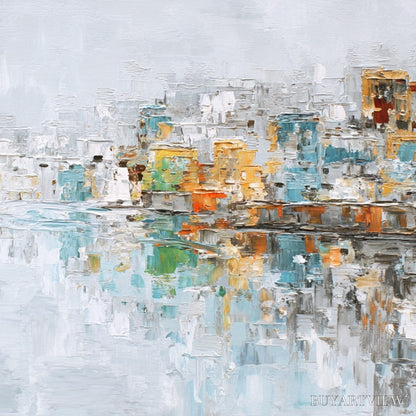 BUYARTVIEW Waterfront Vibrancy – Textured Abstract Cityscape Oil Painting on Canvas - image 3