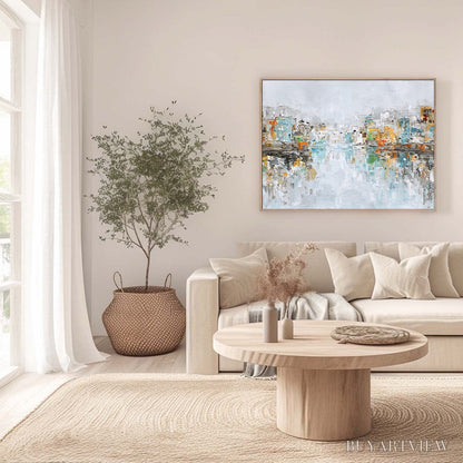 BUYARTVIEW Waterfront Vibrancy – Textured Abstract Cityscape Oil Painting on Canvas - image 4