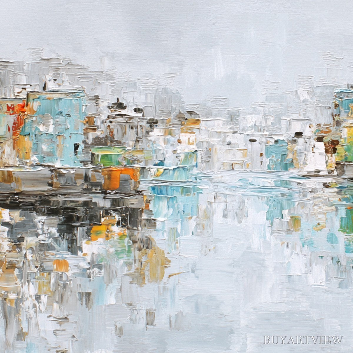 BUYARTVIEW Waterfront Vibrancy – Textured Abstract Cityscape Oil Painting on Canvas - image 5