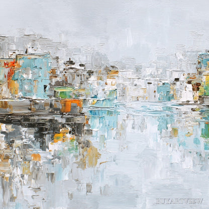 BUYARTVIEW Waterfront Vibrancy – Textured Abstract Cityscape Oil Painting on Canvas - image 5