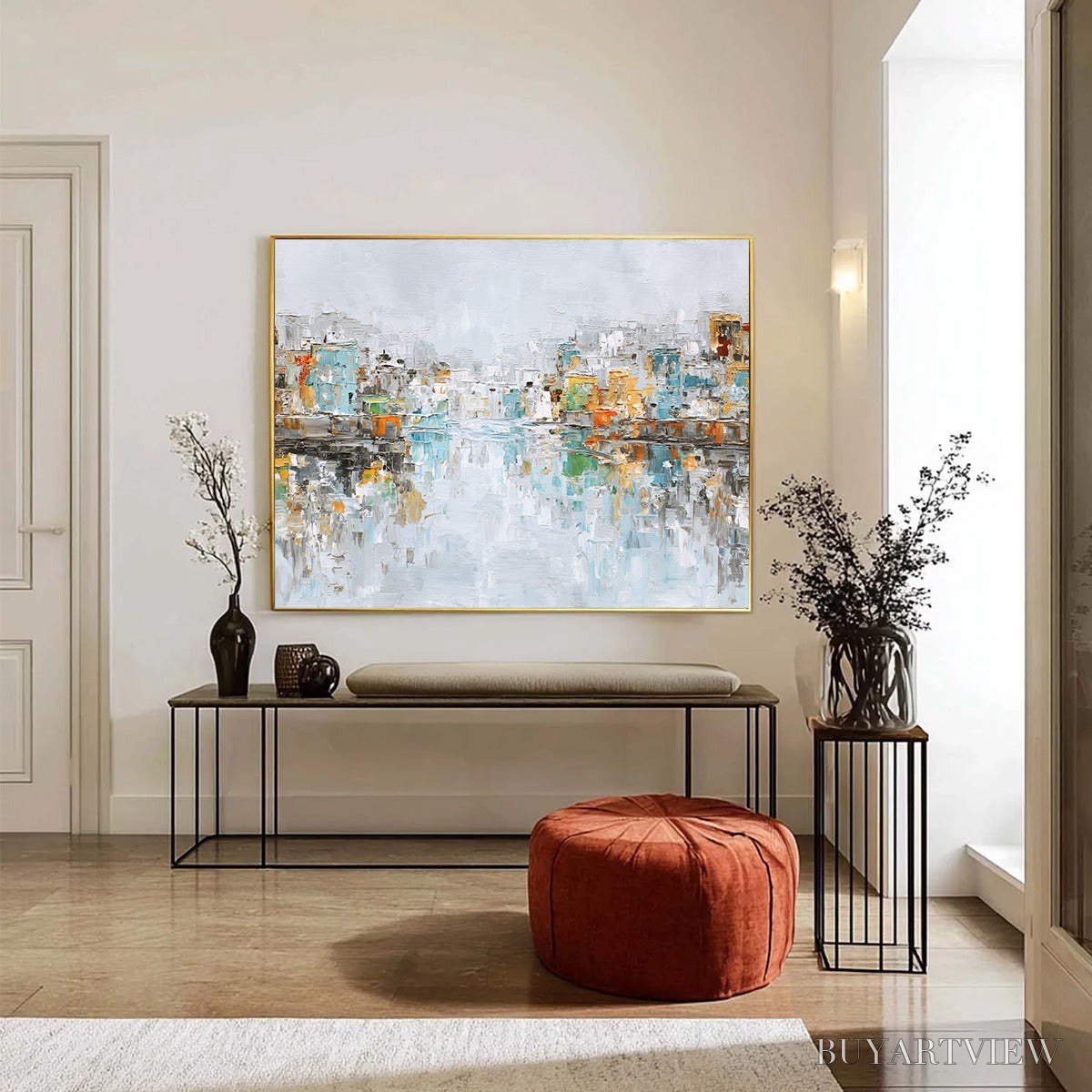 BUYARTVIEW Waterfront Vibrancy – Textured Abstract Cityscape Oil Painting on Canvas - image 6