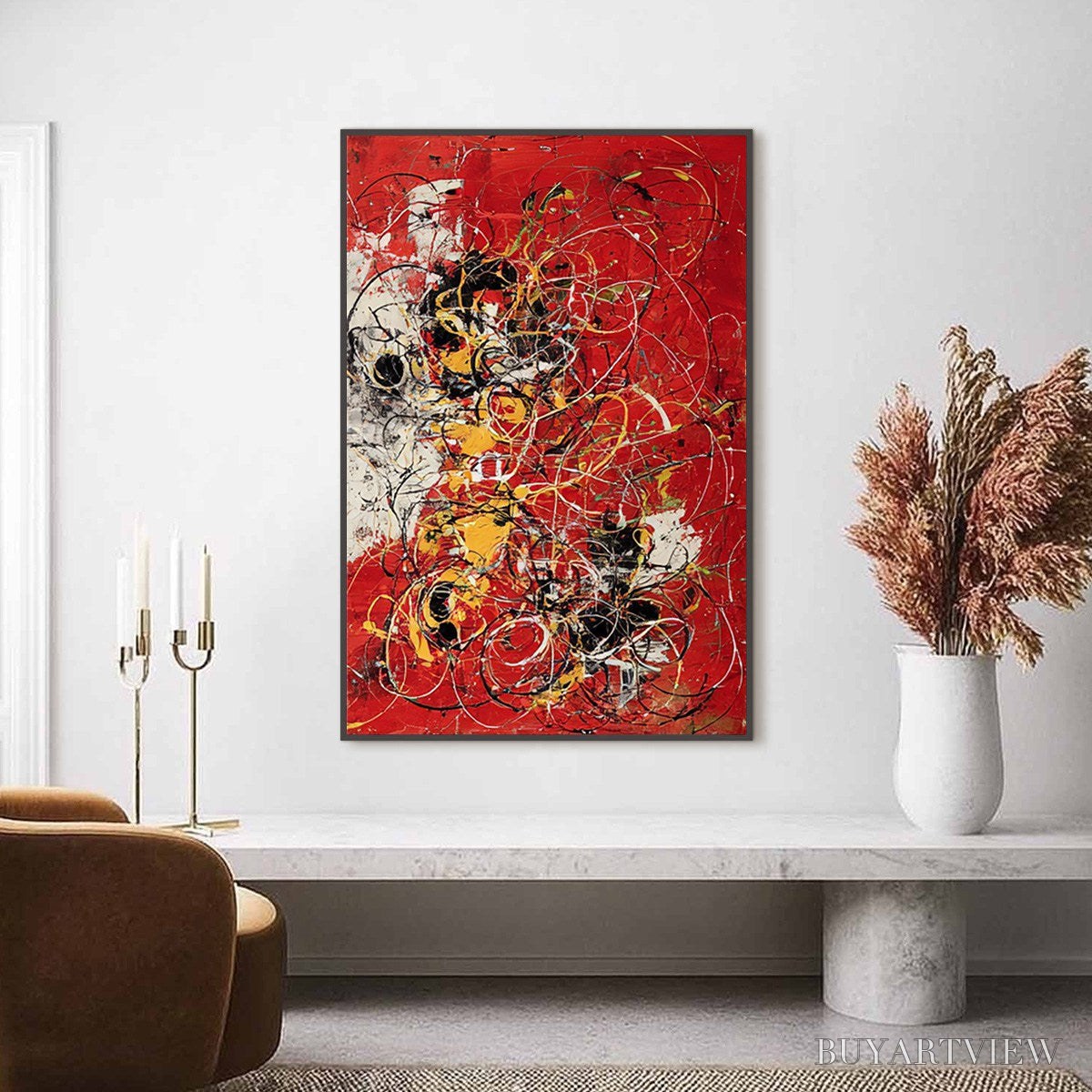 BUYARTVIEW Crimson Chaos – Large Vertical Red and Black Abstract Action Painting - image 2