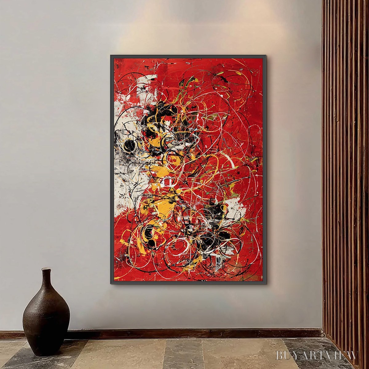 BUYARTVIEW Crimson Chaos – Large Vertical Red and Black Abstract Action Painting - image 4