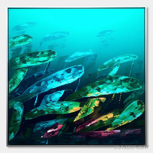 BUYARTVIEW Aquatic Dream – Textured Abstract Teal and Green Oil Painting - image 1
