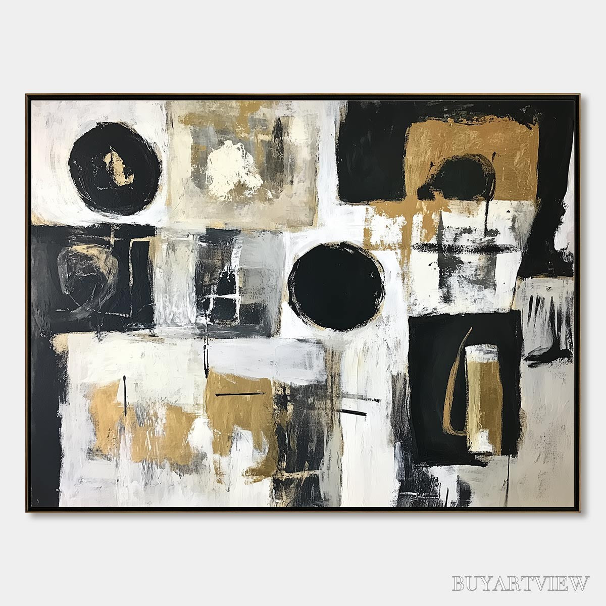 BUYARTVIEW Alchemy Grid – Textured Abstract Painting in Black, White & Gold - image 1