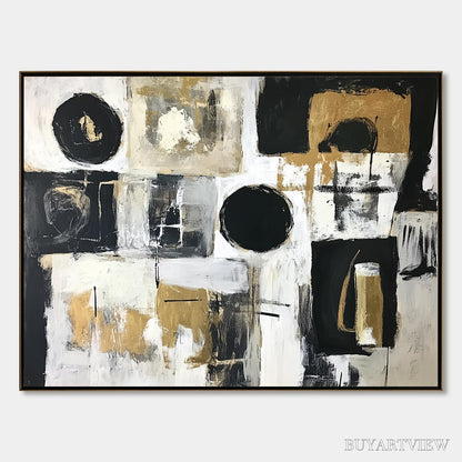 BUYARTVIEW Alchemy Grid – Textured Abstract Painting in Black, White & Gold - image 1
