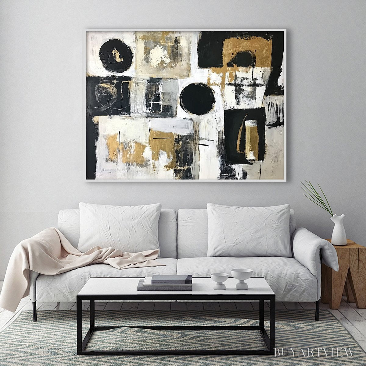 BUYARTVIEW Alchemy Grid – Textured Abstract Painting in Black, White & Gold - image 2