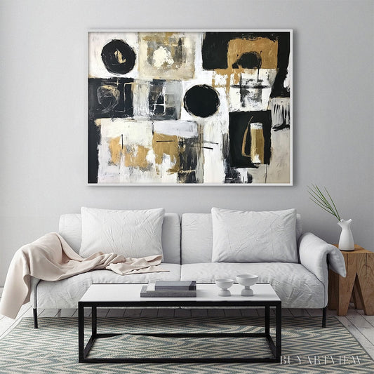 BUYARTVIEW Alchemy Grid – Textured Abstract Painting in Black, White & Gold - image 2