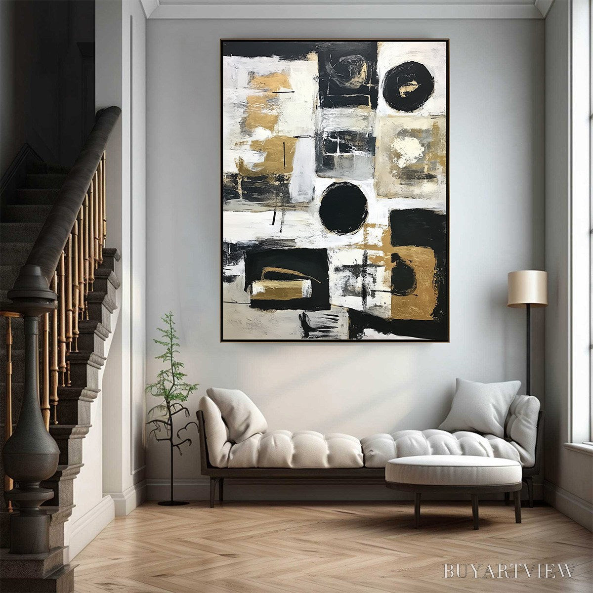 BUYARTVIEW Alchemy Grid – Textured Abstract Painting in Black, White & Gold - image 4