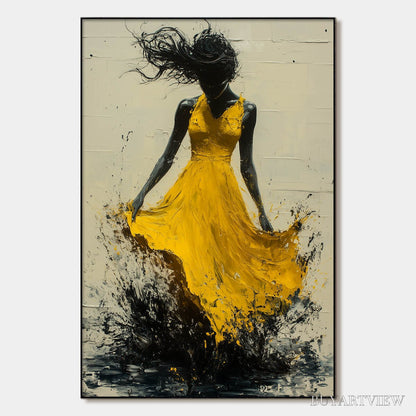 BUYARTVIEW Golden Whirl – Textured Impasto Figurative Oil Painting of Woman in Yellow Dress - image 1