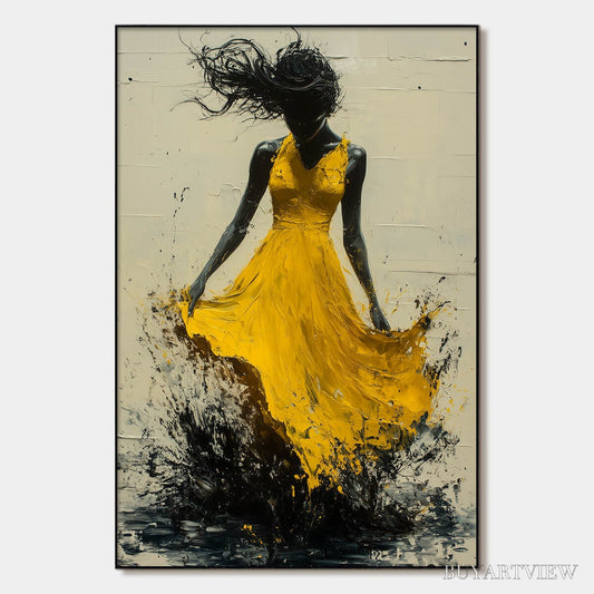 BUYARTVIEW Golden Whirl – Textured Impasto Figurative Oil Painting of Woman in Yellow Dress - image 1