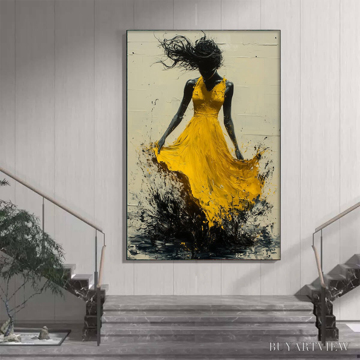 BUYARTVIEW Golden Whirl – Textured Impasto Figurative Oil Painting of Woman in Yellow Dress - image 2