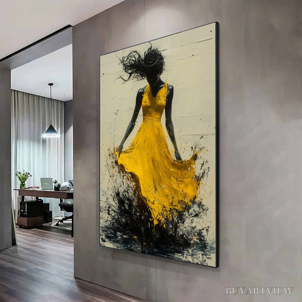 BUYARTVIEW Golden Whirl – Textured Impasto Figurative Oil Painting of Woman in Yellow Dress - image 3