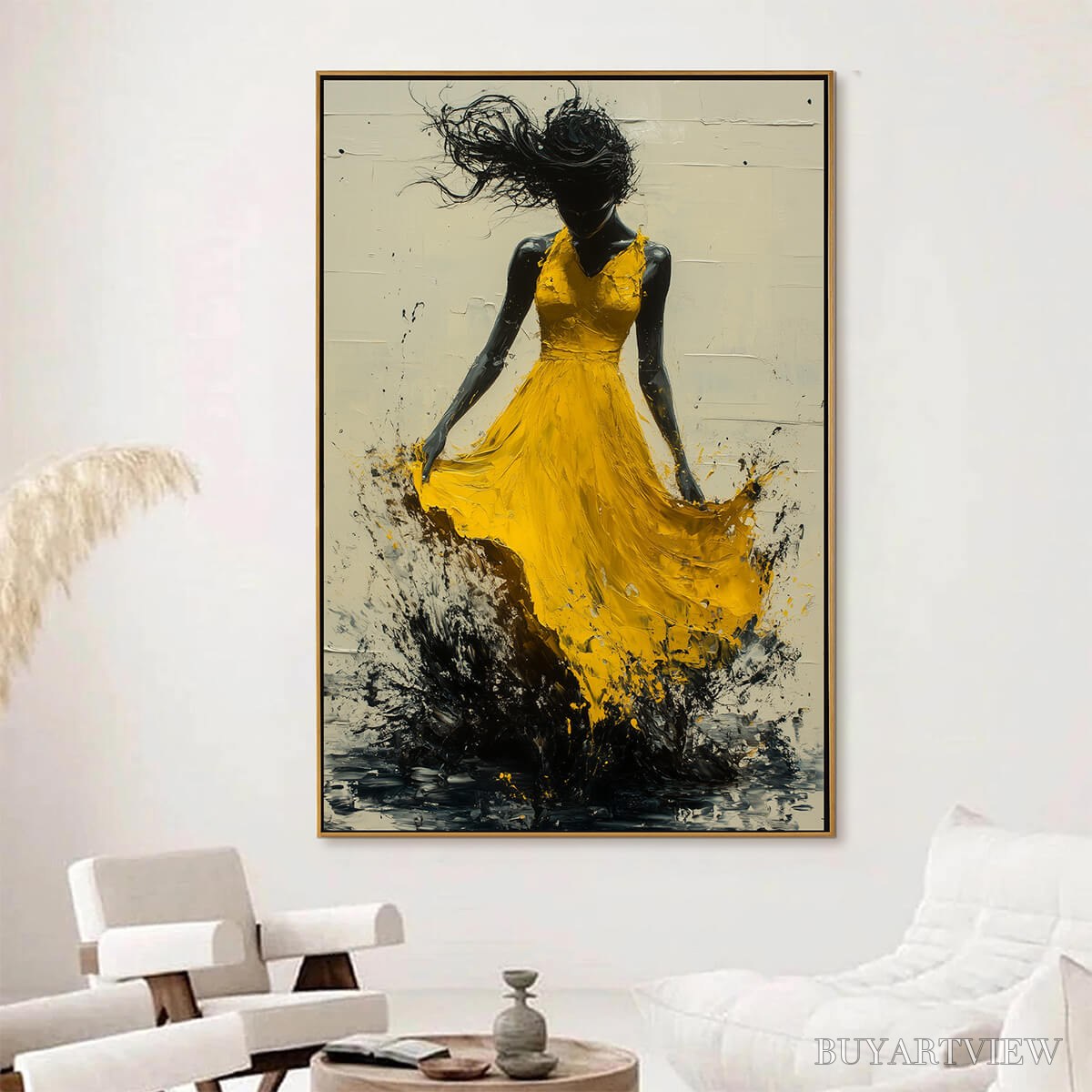 BUYARTVIEW Golden Whirl – Textured Impasto Figurative Oil Painting of Woman in Yellow Dress - image 4