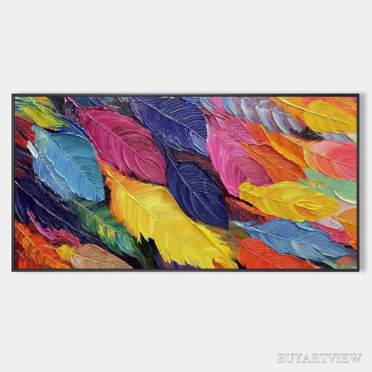 BUYARTVIEW Feather Dance – Horizontal Abstract Painting with Colorful Feathers, Textured Impasto, Modern - image 1