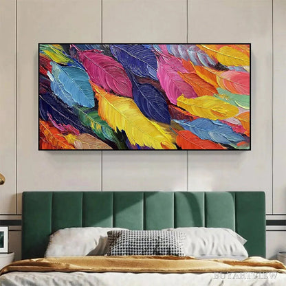 BUYARTVIEW Feather Dance – Horizontal Abstract Painting with Colorful Feathers, Textured Impasto, Modern - image 2