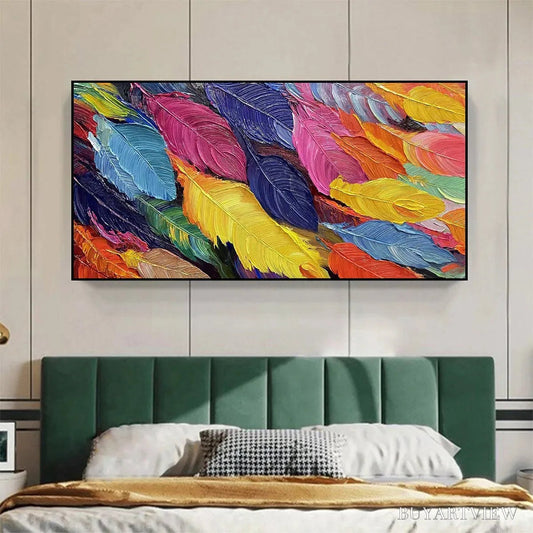 BUYARTVIEW Feather Dance – Horizontal Abstract Painting with Colorful Feathers, Textured Impasto, Modern - image 2
