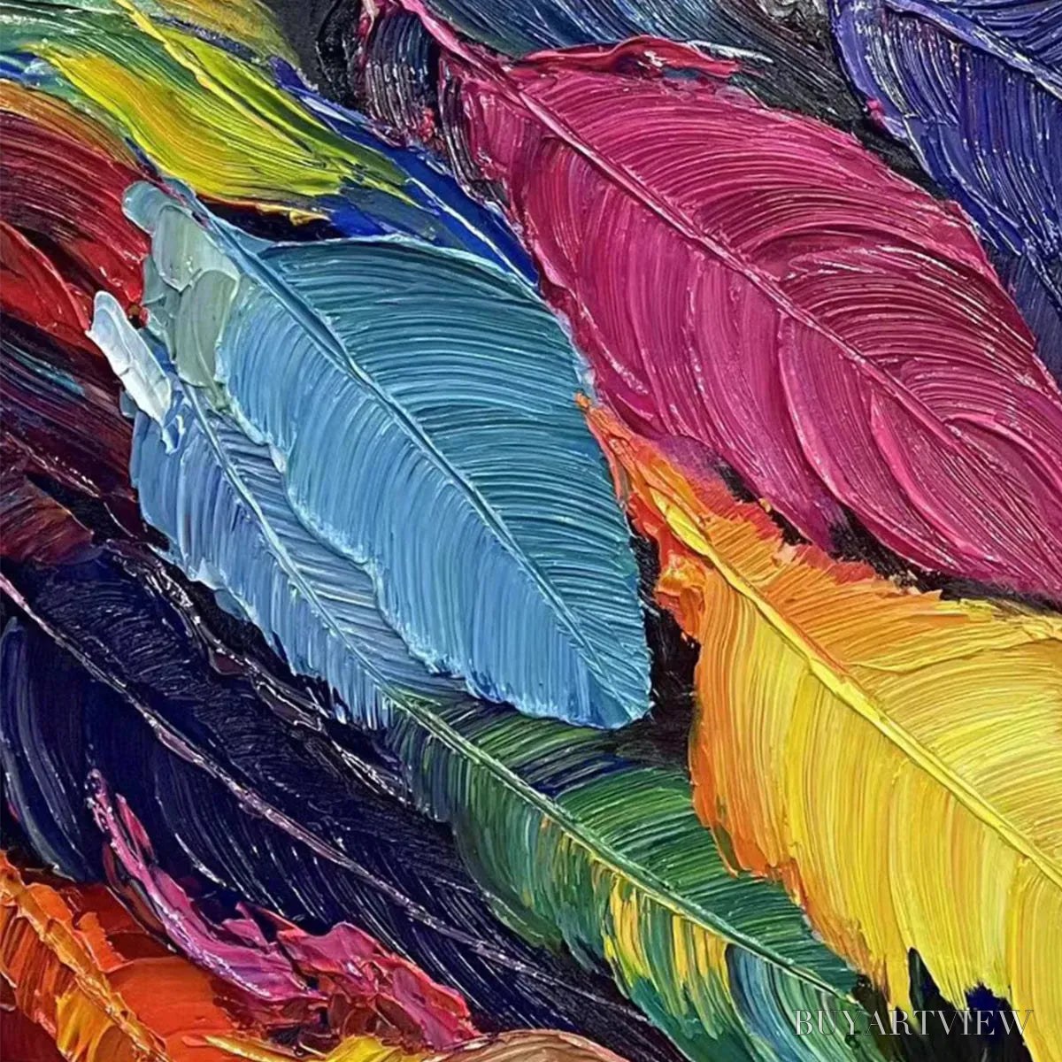 BUYARTVIEW Feather Dance – Horizontal Abstract Painting with Colorful Feathers, Textured Impasto, Modern - image 3