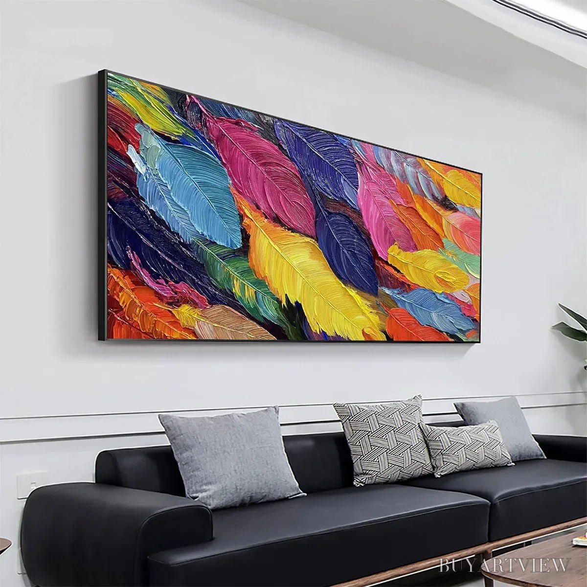 BUYARTVIEW Feather Dance – Horizontal Abstract Painting with Colorful Feathers, Textured Impasto, Modern - image 4