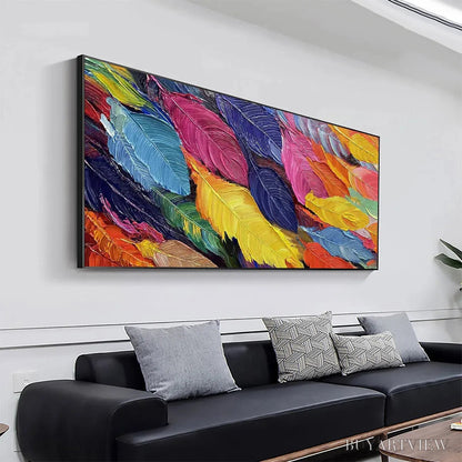 BUYARTVIEW Feather Dance – Horizontal Abstract Painting with Colorful Feathers, Textured Impasto, Modern - image 4