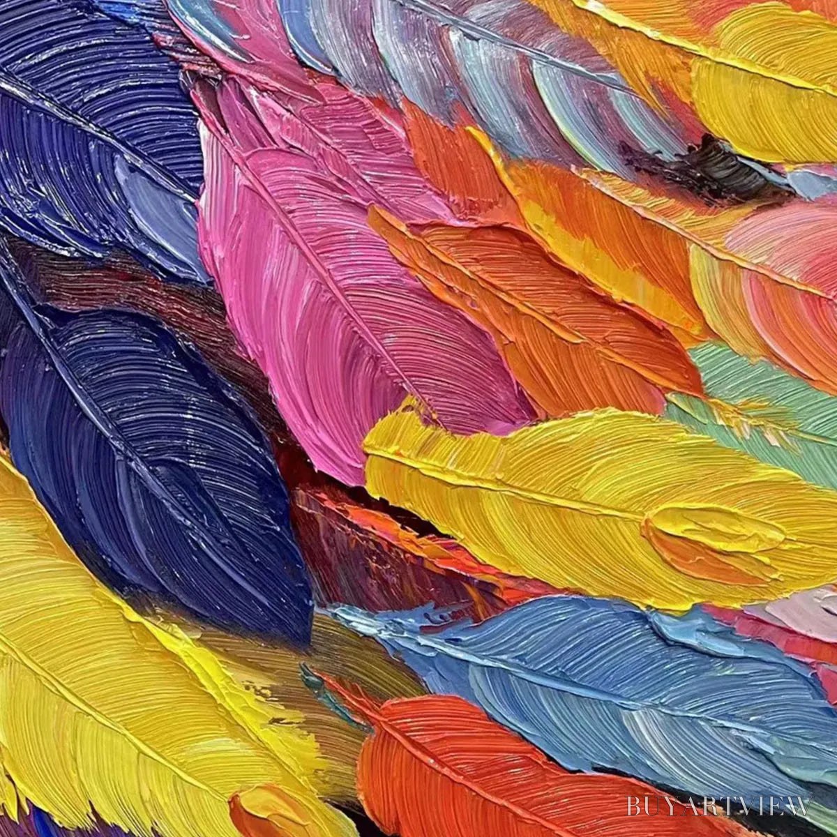BUYARTVIEW Feather Dance – Horizontal Abstract Painting with Colorful Feathers, Textured Impasto, Modern - image 5