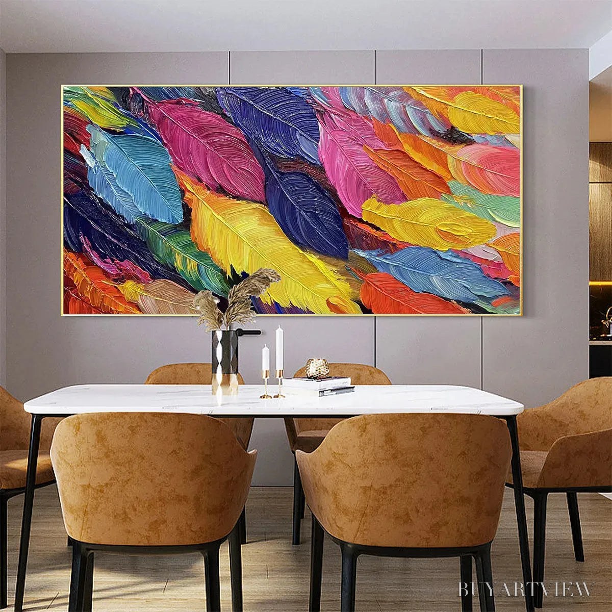 BUYARTVIEW Feather Dance – Horizontal Abstract Painting with Colorful Feathers, Textured Impasto, Modern - image 6