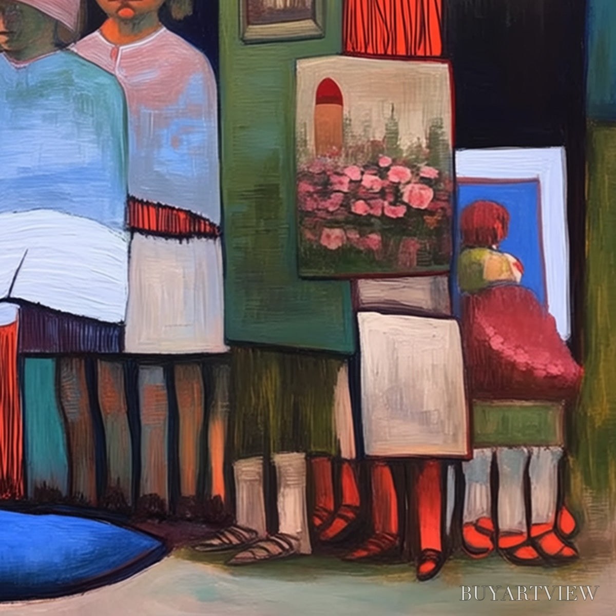 BUYARTVIEW the Storykeepers – Colorful Figurative Painting of a Generational Gathering - image 3