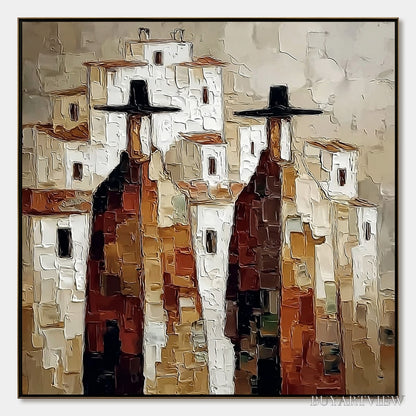 BUYARTVIEW Pueblo Vigilantes Textured Abstract Cityscape Oil Painting - image 1