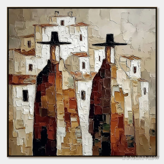 BUYARTVIEW Pueblo Vigilantes Textured Abstract Cityscape Oil Painting - image 1