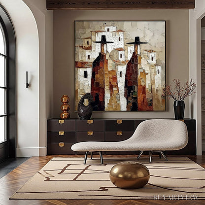 BUYARTVIEW Pueblo Vigilantes Textured Abstract Cityscape Oil Painting - image 4