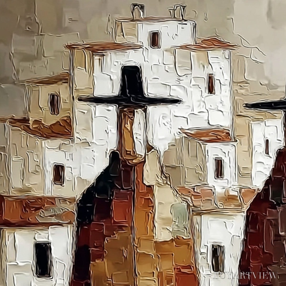 BUYARTVIEW Pueblo Vigilantes Textured Abstract Cityscape Oil Painting - image 5